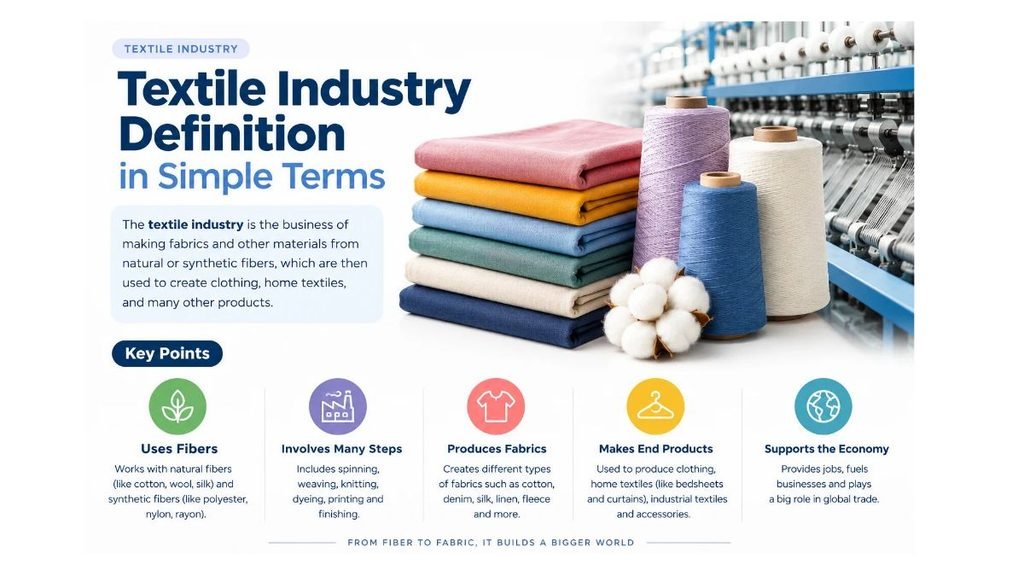 Textile industry definition showing fabric production, cotton fibers, yarn spinning, weaving, and textile manufacturing processes.