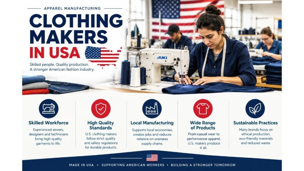 Clothing makers in the USA sewing garments in a professional apparel manufacturing factory.
