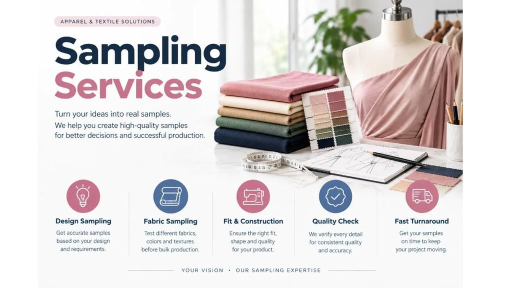 Apparel and textile sampling services featuring fabric swatches, folded textiles, garment design sketches, and sample development tools