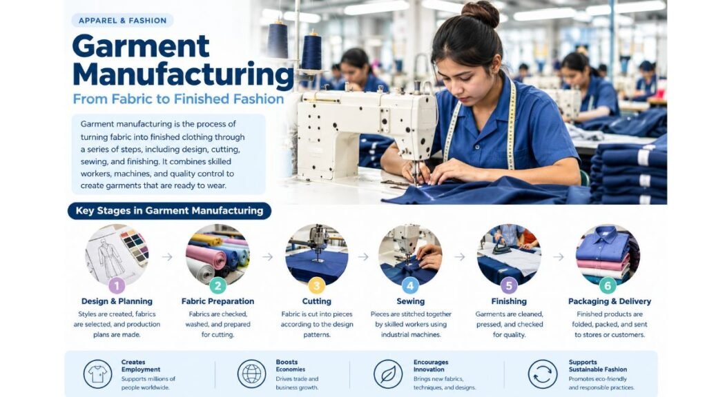 Garment manufacturing process showing fabric cutting, sewing, finishing, and clothing production.