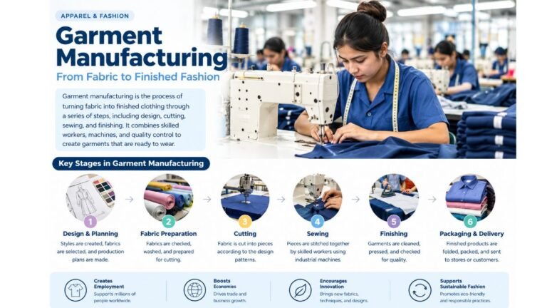 Garment manufacturing process showing fabric cutting, sewing, finishing, and clothing production.