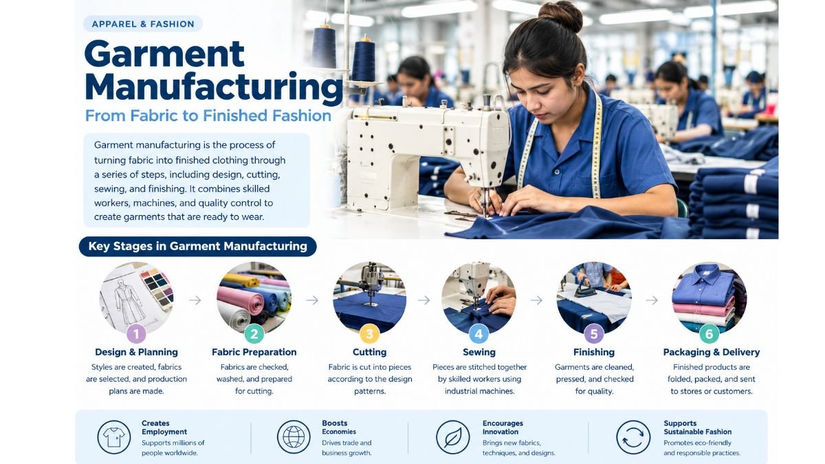Garment manufacturing process showing fabric cutting, sewing, finishing, and clothing production.