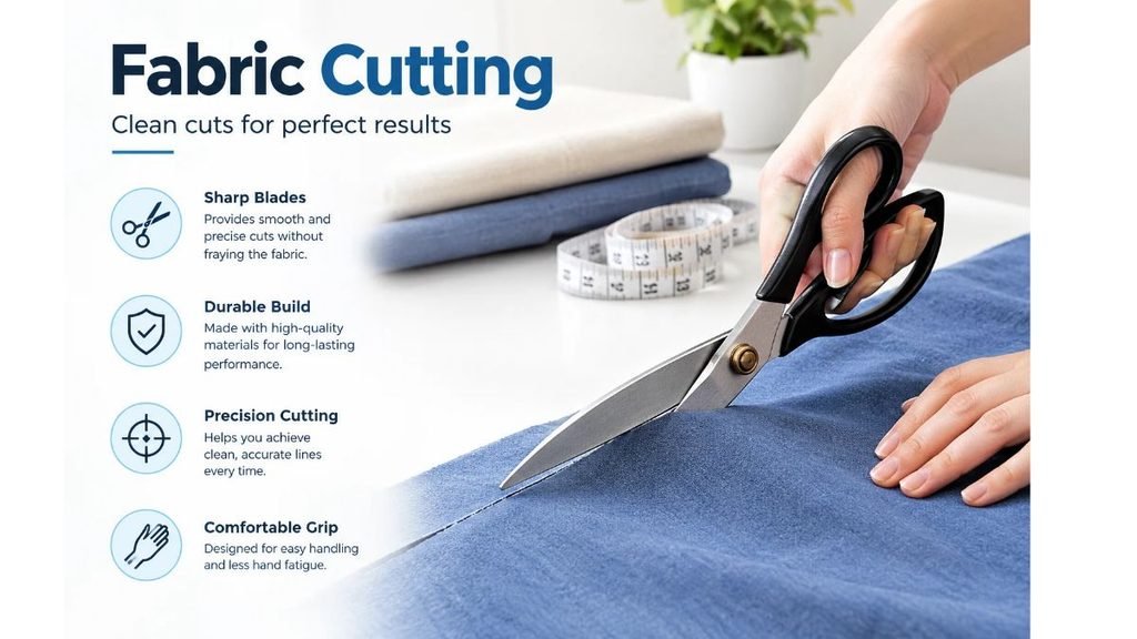 Fabric cutting with sharp tailor scissors on blue fabric, highlighting precision cutting, durable blades, and comfortable grip.