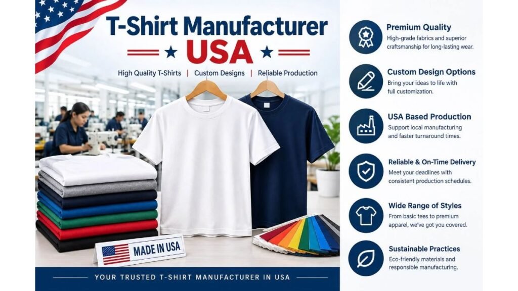 T-shirt manufacturer USA featuring premium T-shirts, custom fabric options, and apparel production in a manufacturing facility.