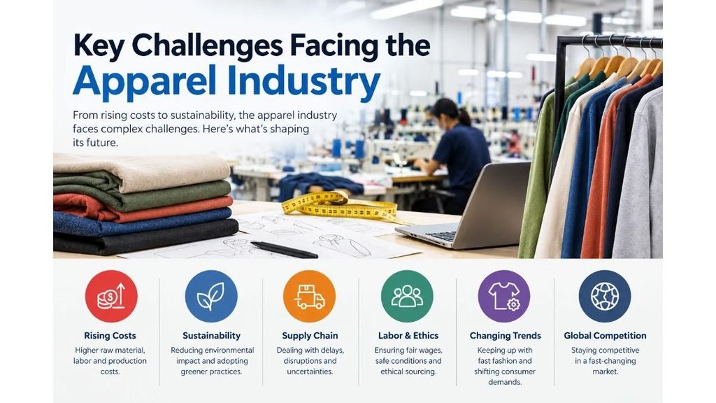 Key challenges facing the apparel industry, including rising costs, sustainability, supply chain disruptions, labor ethics, changing trends, and global competition.