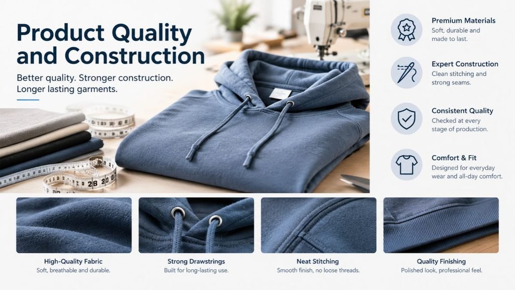 Product quality and construction featuring premium hoodie fabric, strong stitching, durable drawstrings, and quality garment finishing.