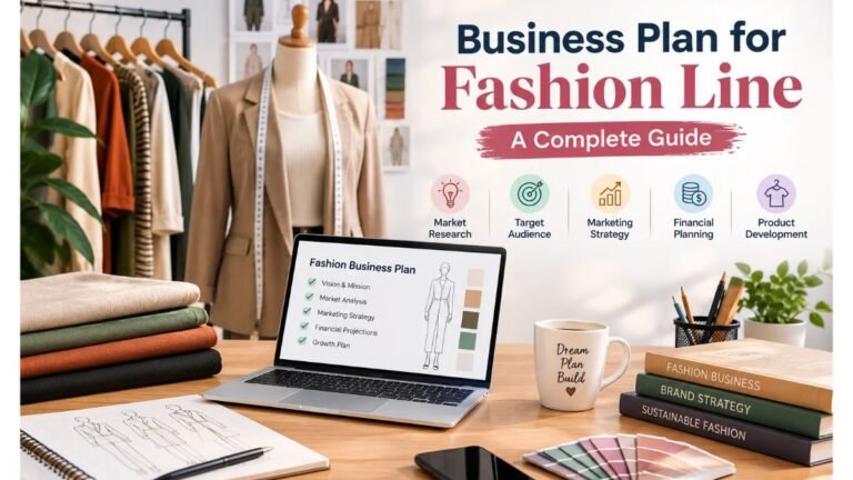 Business plan for a fashion line featuring clothing designs, fabric samples, and apparel business planning documents.