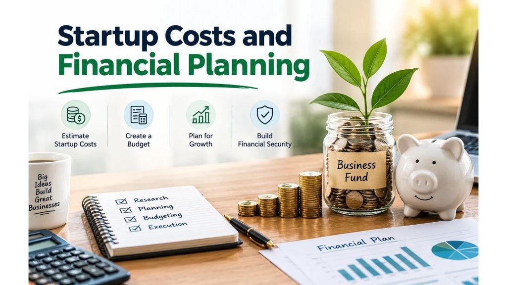Startup costs and financial planning concept featuring business budgeting documents, financial charts, a calculator, and money management tools for launching and growing a successful business.
