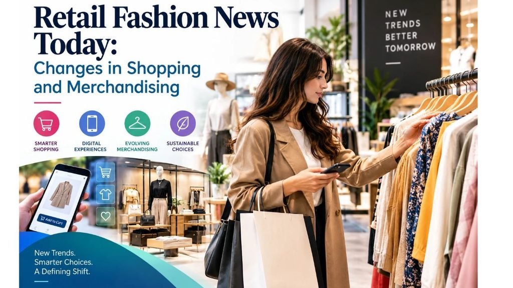 Retail Fashion News Today: Changes in Shopping and Merchandising – A modern fashion retail store showcasing digital shopping, evolving merchandising trends, sustainable fashion choices, and a stylish shopper browsing clothing.