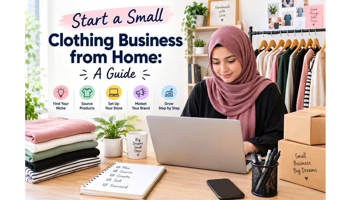 A woman starting a small clothing business from home with folded clothes, a laptop, packaging boxes, and a clothing rack.