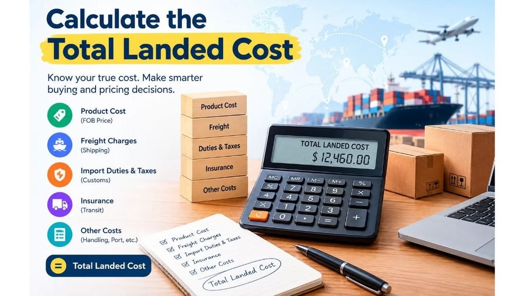 Calculate the Total Landed Cost infographic showing product costs, freight charges, import duties and taxes, insurance, and other shipping expenses using a calculator, cargo ship, and packages.
