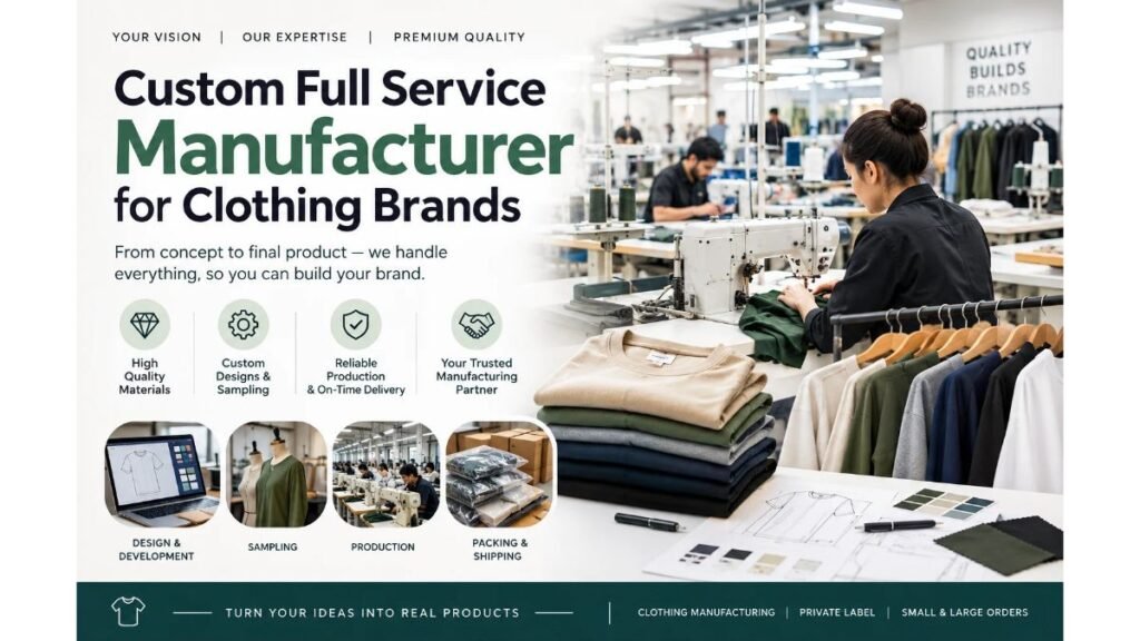 Custom full service clothing manufacturer offering garment design, sampling, bulk production, quality control, and packaging for clothing brands.