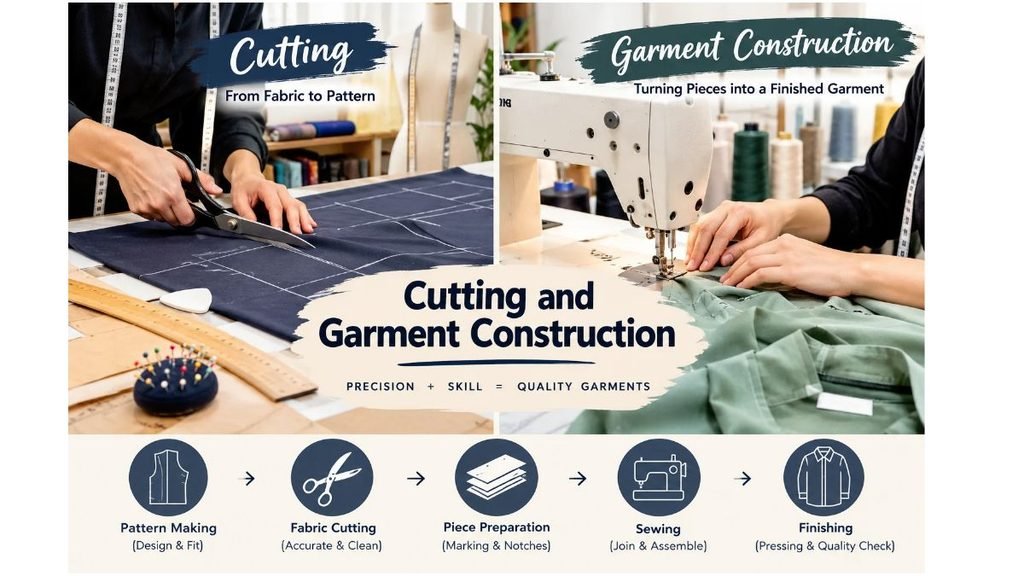 Cutting and Garment Construction: A garment worker cutting fabric patterns with scissors and sewing fabric using an industrial sewing machine, illustrating the complete clothing production process from pattern making and fabric cutting to sewing and finishing.