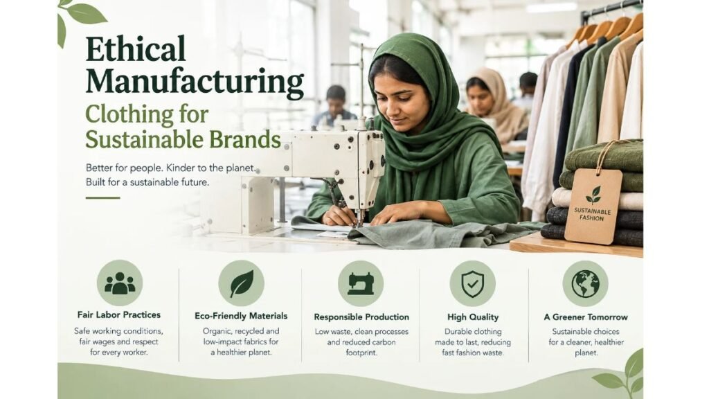 Ethical manufacturing clothing for sustainable brands, featuring a garment worker sewing fabric and eco-friendly fashion production practices.