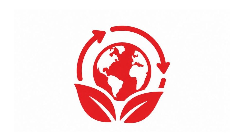 Environmental management icon featuring a red globe, green leaves, and circular recycling arrows symbolizing sustainability, eco-friendly practices, and environmental protection.