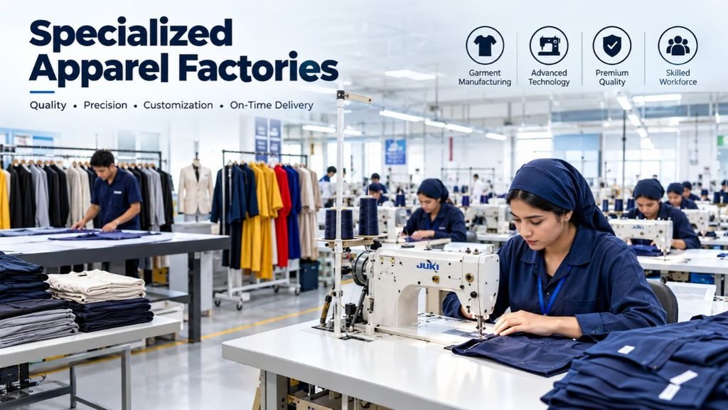 Specialized apparel factory with skilled workers operating industrial sewing machines, fabric cutting stations, and garment production equipment in a modern clothing manufacturing facility.