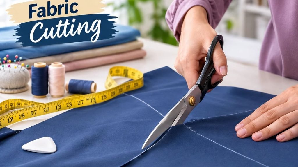 Fabric cutting with tailoring scissors, measuring tape, and chalk marking on navy blue fabric for sewing and garment making.Is this conversation helpful so far?