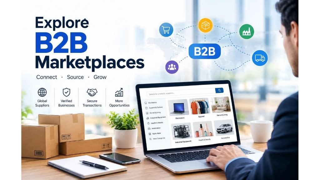 Explore B2B Marketplaces banner featuring global suppliers, verified businesses, secure transactions, and an online wholesale marketplace on a laptop.Is this conversation helpful so far?