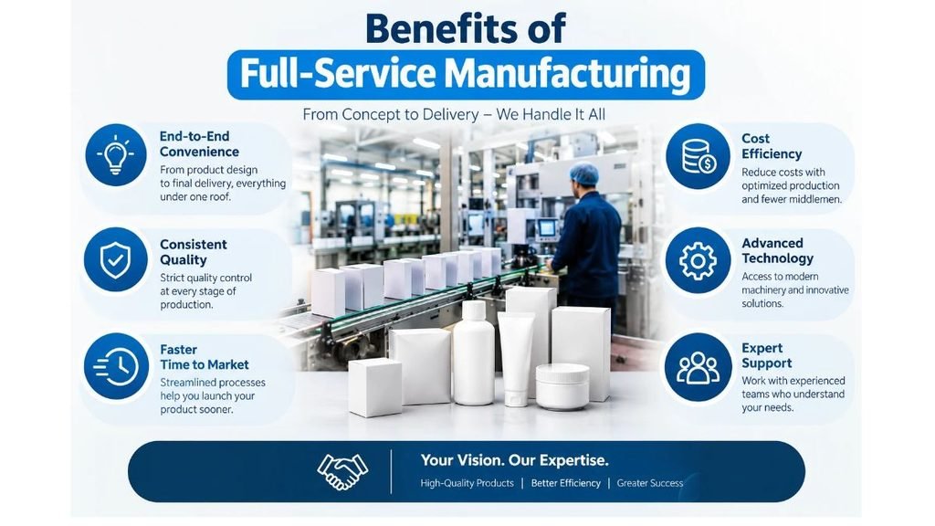Benefits of full-service manufacturing infographic highlighting cost efficiency, consistent product quality, advanced technology, faster time to market, end-to-end manufacturing solutions, and expert support in a modern manufacturing facility.Is this conversation helpful so far?
