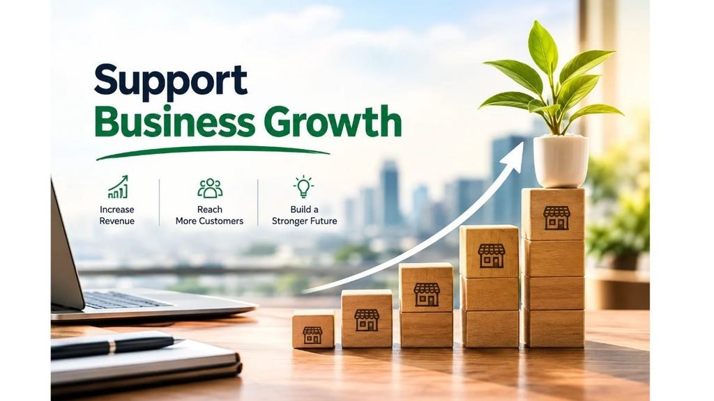 Support business growth concept featuring ascending wooden blocks, an upward arrow, and a green plant symbolizing business success, increased revenue, and customer growth in a modern office setting.
