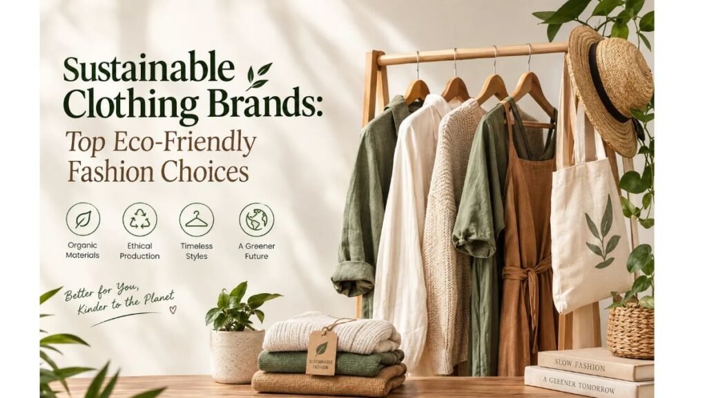 Sustainable clothing brands featuring eco-friendly fashion choices, organic fabrics, neutral-toned garments, reusable tote bags, and natural accessories.