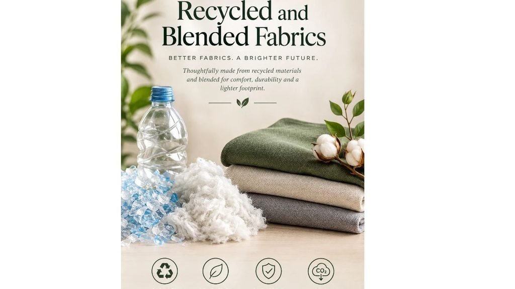 A sustainable textile display featuring recycled and blended fabrics in olive green, beige, blue, and gray, alongside recycled plastic flakes, cotton fibers, and natural greenery. The eco-friendly composition highlights waste reduction, resource conservation, fabric durability, and a lower carbon footprint.