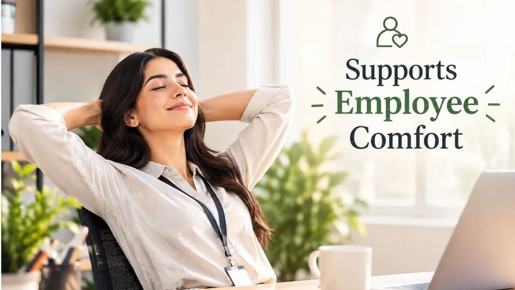 A relaxed employee enjoying a comfortable, modern office workspace with natural lighting, green plants, a laptop, and a clean desk, illustrating employee comfort and workplace well-being.