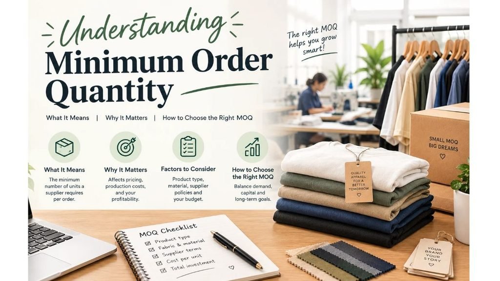 Understanding Minimum Order Quantity (MOQ) for clothing manufacturing, featuring folded apparel, fabric samples, supplier packaging, and a checklist explaining order requirements, production costs, budgeting, and choosing the right MOQ for a clothing brand.