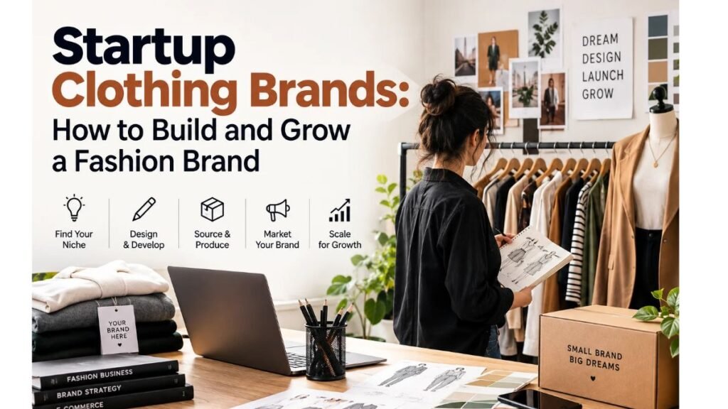 Startup clothing brands guide showing fashion design, clothing production, and brand growth strategies.