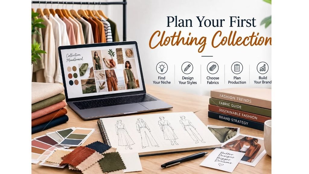 Plan your first clothing collection with fashion sketches, fabric swatches, color palettes, and a clothing design mood board.