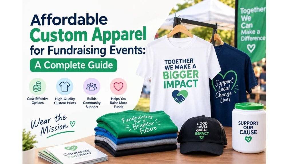 Affordable custom apparel for fundraising events featuring printed T-shirts, hoodies, caps, and fundraising merchandise.