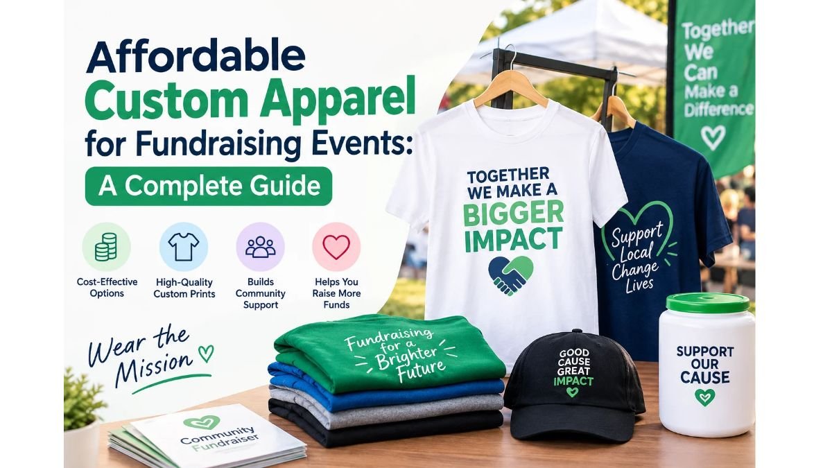 Affordable custom apparel for fundraising events featuring printed T-shirts, hoodies, caps, and fundraising merchandise.
