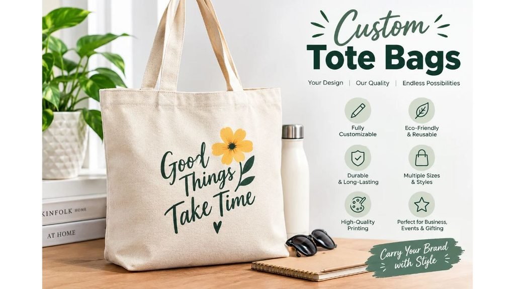 Custom Tote Bags – Eco-Friendly Reusable Canvas Bags with Personalized Designs, High-Quality Printing, and Custom Branding Options.