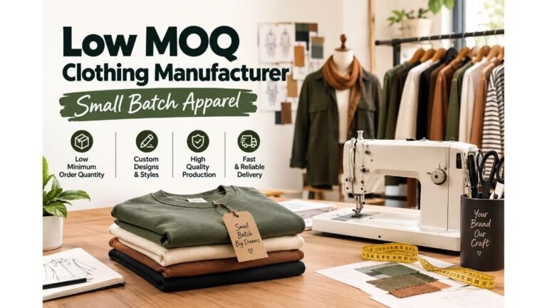 Low MOQ clothing manufacturer producing small batch apparel with custom designs, quality garments, and professional sewing equipment.