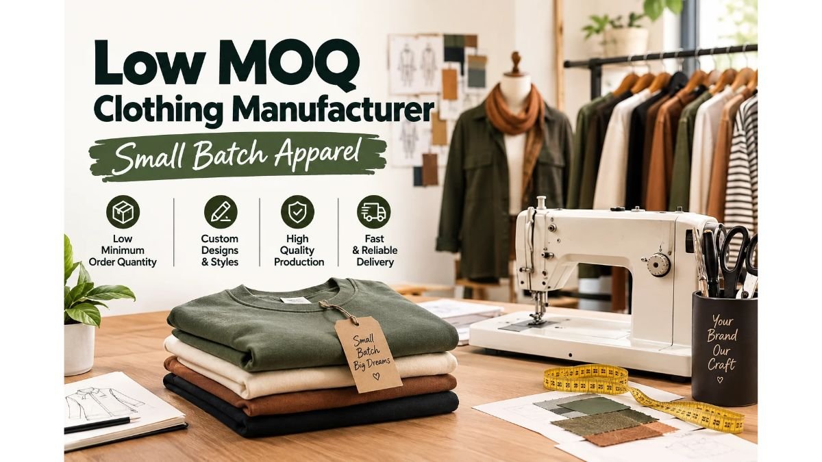 Low MOQ clothing manufacturer producing small batch apparel with custom designs, quality garments, and professional sewing equipment.