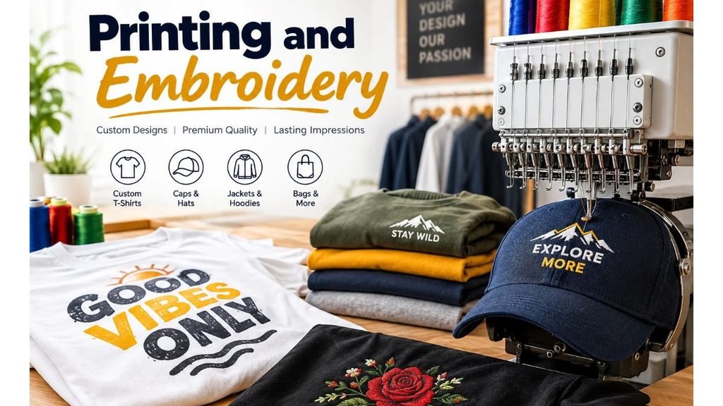Printing and embroidery services featuring a professional embroidery machine, custom-designed T-shirts, embroidered caps, personalized hoodies, colorful threads, and decorative fabric designs in a modern workshop.