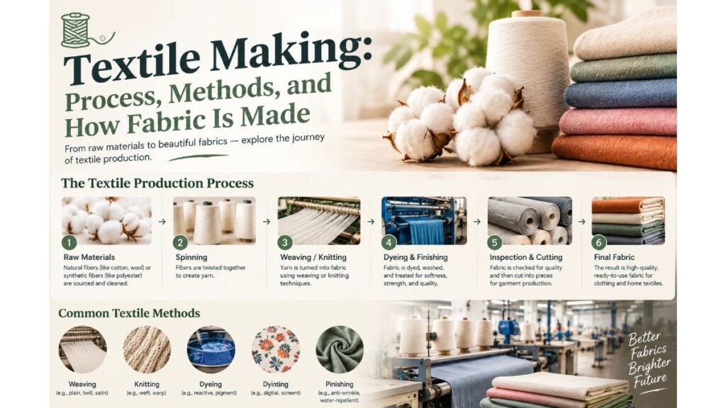 Textile making process infographic showing how fabric is made from raw cotton and fibers through spinning, weaving, knitting, dyeing, finishing, inspection, and final fabric production.