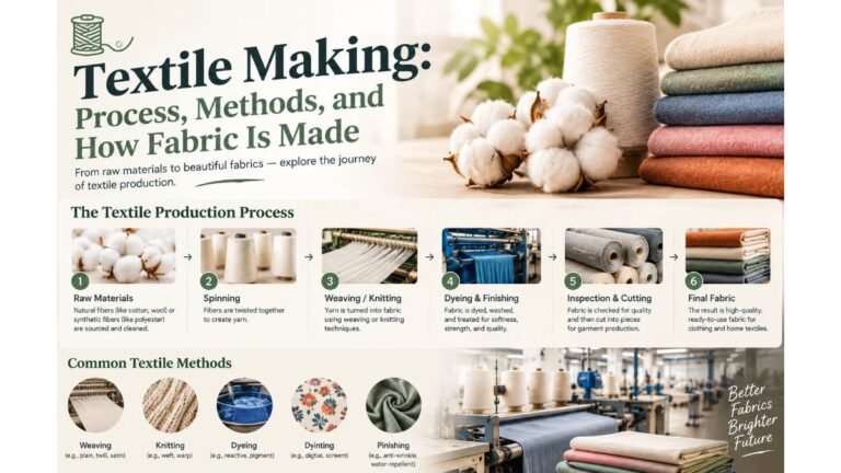 Textile making process infographic showing how fabric is made from raw cotton and fibers through spinning, weaving, knitting, dyeing, finishing, inspection, and final fabric production.