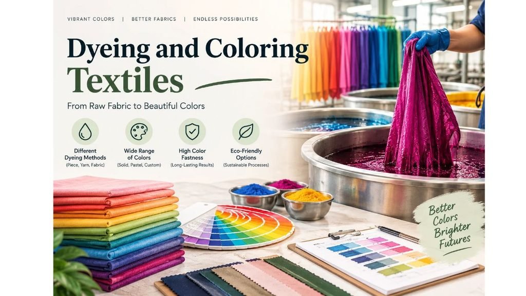 Dyeing and coloring textiles in a professional textile dyeing facility, featuring vibrant dyed fabrics, colorful dye vats, fabric swatches, and a color palette showcasing different dyeing methods and sustainable textile coloring processes.