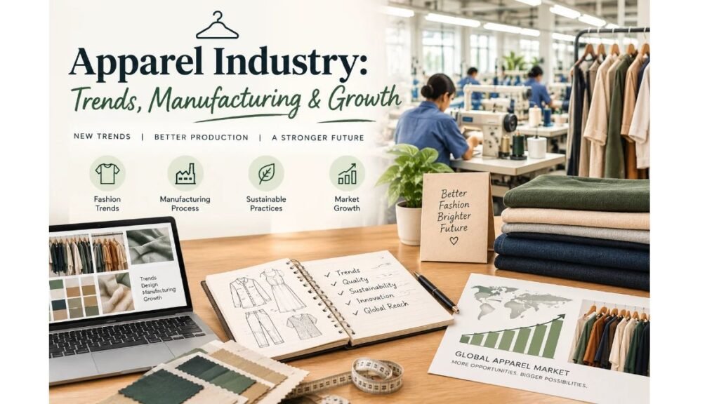 Apparel industry trends, clothing manufacturing processes, sustainable fashion practices, and global market growth in a modern garment production workspace.