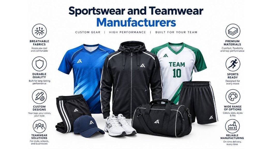 Sportswear and Teamwear Manufacturers showcasing custom sports jerseys, team uniforms, hoodies, shorts, tracksuits, and sports accessories with breathable fabrics, durable materials, personalized designs, and high-performance quality.