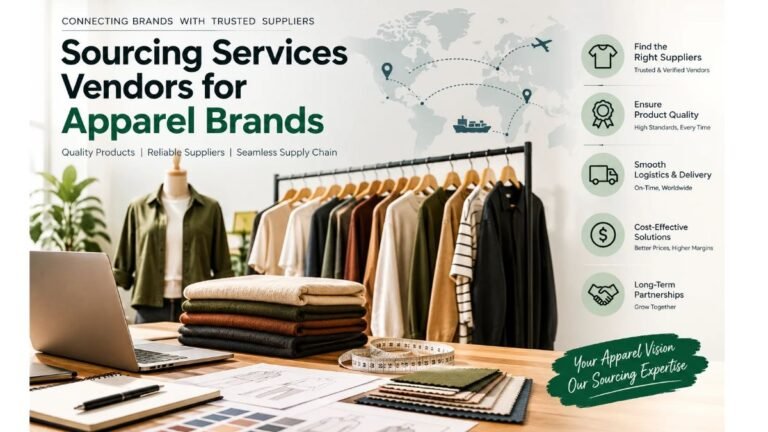 Sourcing services vendors for apparel brands featuring clothing racks, fabric swatches, garment samples, and global supply chain solutions.