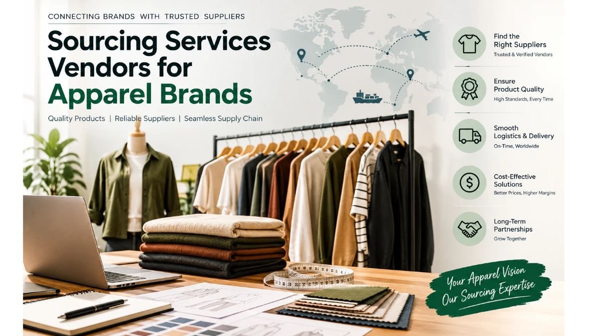 Sourcing services vendors for apparel brands featuring clothing racks, fabric swatches, garment samples, and global supply chain solutions.