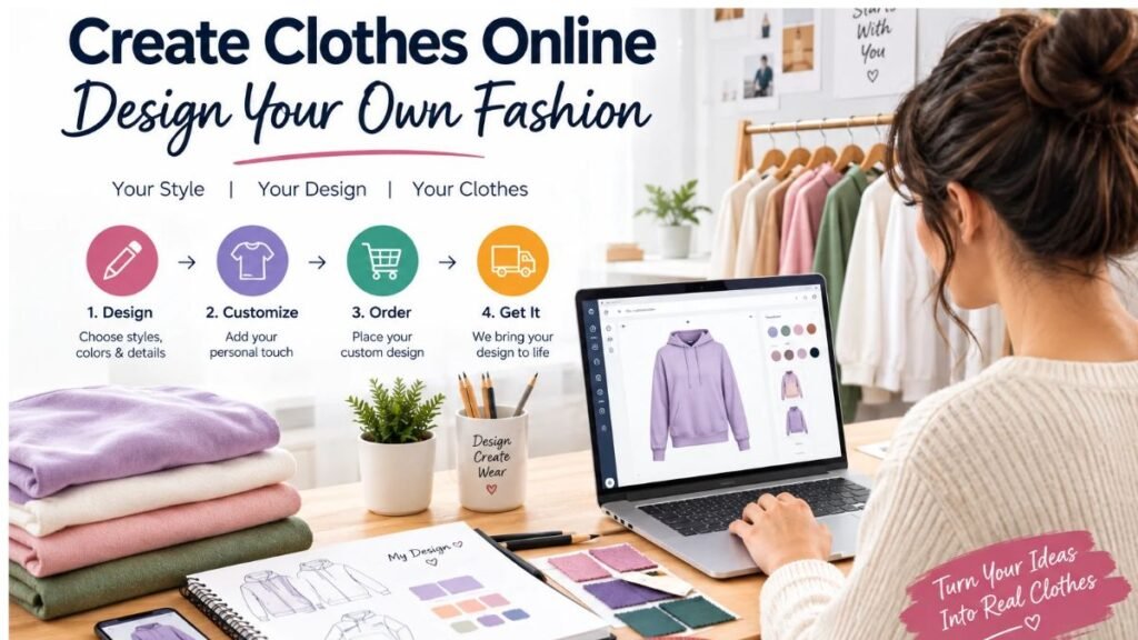 Create Clothes Online: Design Your Own Fashion with a laptop, clothing customization tools, fabric swatches, and fashion sketches.