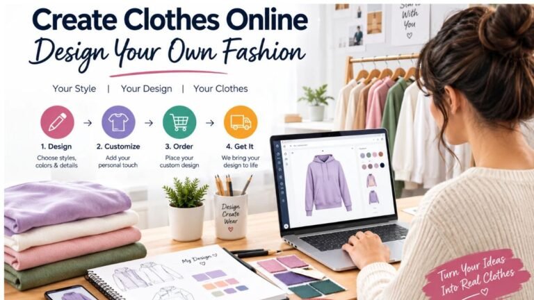 Create Clothes Online: Design Your Own Fashion with a laptop, clothing customization tools, fabric swatches, and fashion sketches.