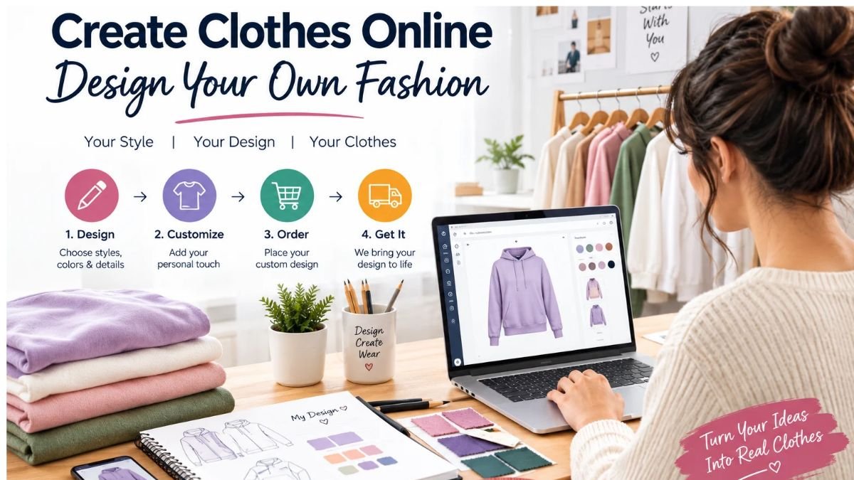 Create Clothes Online: Design Your Own Fashion with a laptop, clothing customization tools, fabric swatches, and fashion sketches.