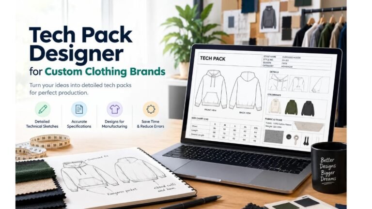 Tech Pack Designer for Custom Clothing Brands featuring garment sketches, fabric swatches, and technical specifications.