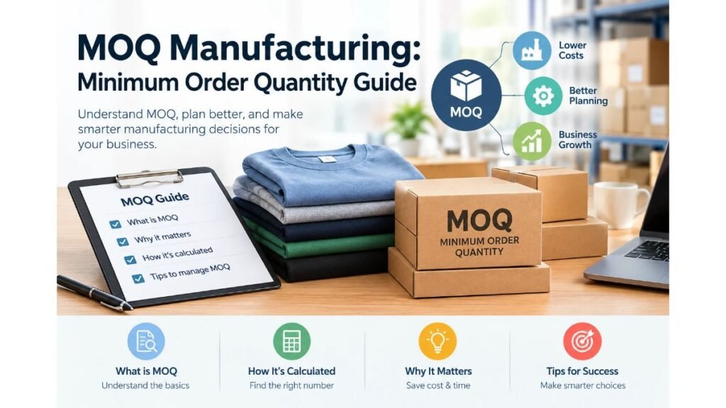 MOQ manufacturing guide explaining minimum order quantity, bulk orders, clothing production, and cost planning.