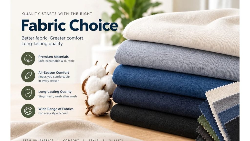 Fabric choice featuring premium cotton fabrics in multiple colors, offering softness, comfort, breathability, and durability.