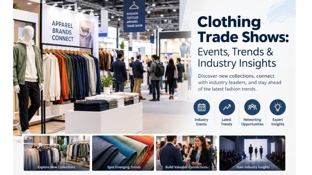Clothing trade show featuring apparel collections, fashion trends, fabric displays, and industry networking.